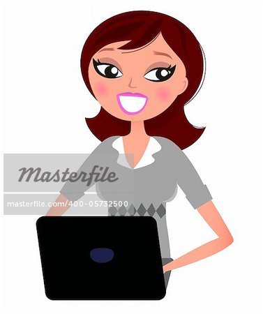 Happy business Woman working with Computer. Vector Illustration.