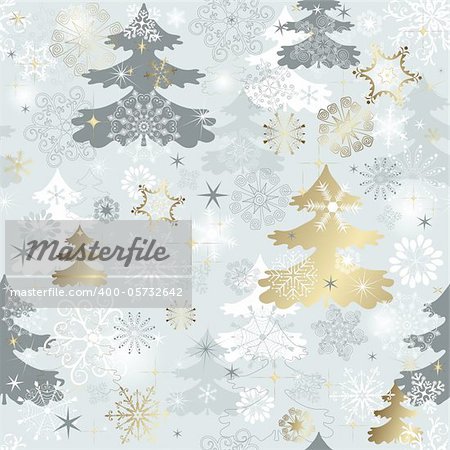 Winter seamless pattern with  varied snowflakes, christmas trees and gold stars (vector)