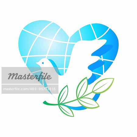 Peace on Earth - the traditional symbols - the planet of a heart, a dove with a green branch. Vector.