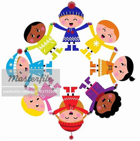 Colorful winter children in group. Vector illustration in retro style.