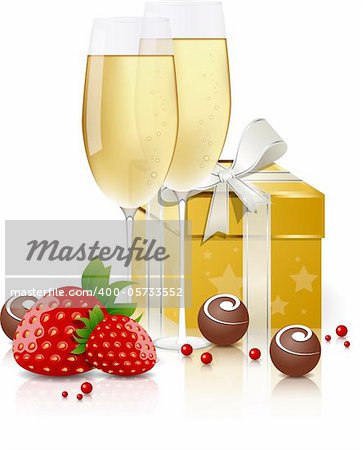 Greeting card with champagne and chocolate