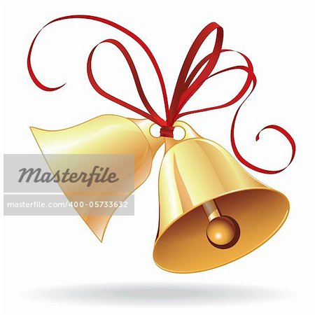 Bell golden for  Christmas or wedding with red bow icon, element for design.