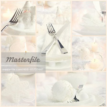 Restaurant series. Collage of fancy Christmas dinner.  Holiday luxury table setting with beautiful white snow and ornaments.