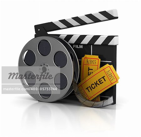 3d illustration of cinema clap, film reel and tickets, over white background