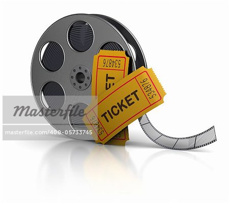 3d illustration of movie film reel and tickets