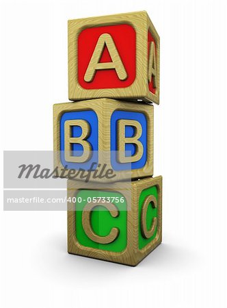 3d illustration of abc wooden blocks, over white background