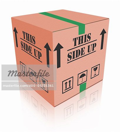 this side up package cardboard box with text shipment storage or delivery packet from online order handle with care fragile