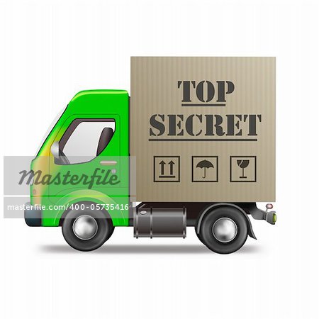 top secret shipment in cardboard box on delivery truck isolated on white