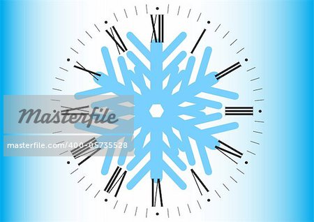 Vector drawing large clock and snowflakes