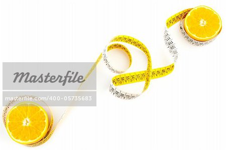 top view of the an orange with a measuring tape on white background