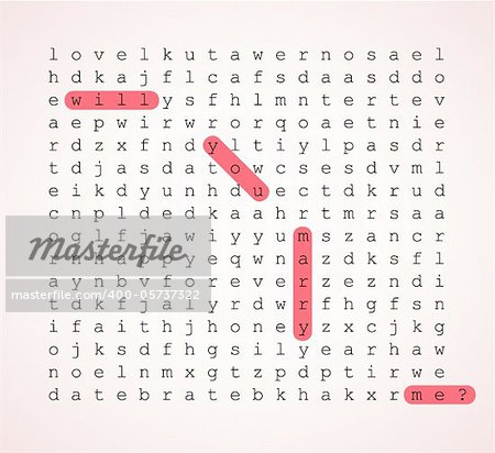 Wedding card - word search puzzle with highlighted question - will you merry me?