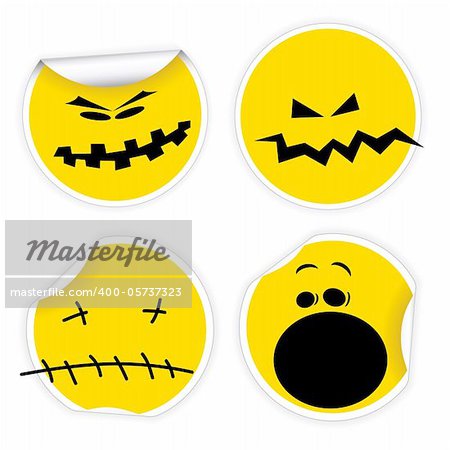 Set of Halloween yellow labels with various smiles