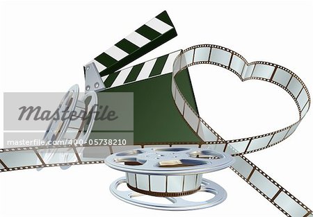 Film strip forming heart shape with clapper board and reels. Space for copy in the centre.