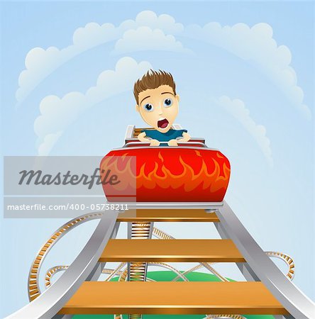 Cartoon of a young boy or man looking terrified on a roller coaster ride