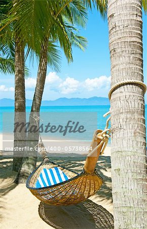 Empty hammock between palms trees at sandy beach