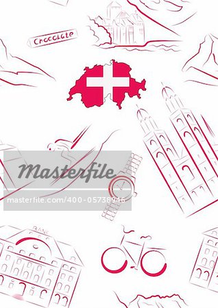 Set of vector drawn stylized sights and symbols of Switzerland. Seamless.
