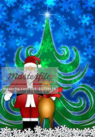 Santa Claus and Reindeer in Winter Snow Scene with Christmas Tree and Snowflakes Illustration