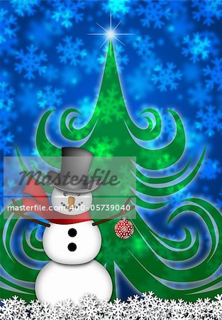 Snowman with Red Scarf and Ornament in Winter Snow Scene with Christmas Tree and Snowflakes Illustration