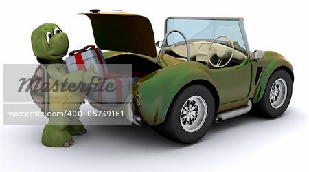 3D render of Tortoise loading christmas gift into a car