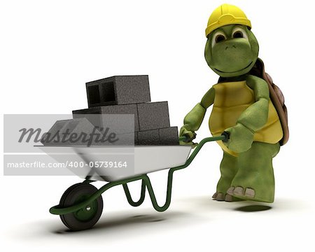 3D render of a tortoise Builder with a wheel barrow carrying bricks