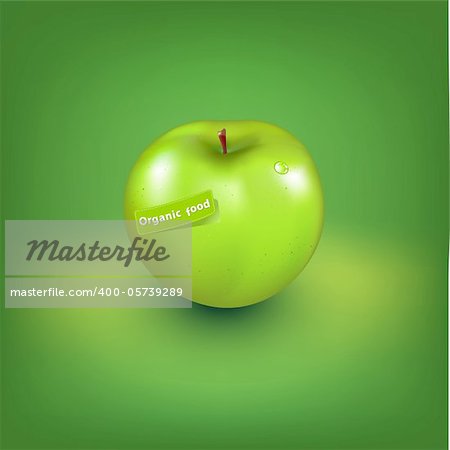 Green Apple With Organic Label, Vector Illustration