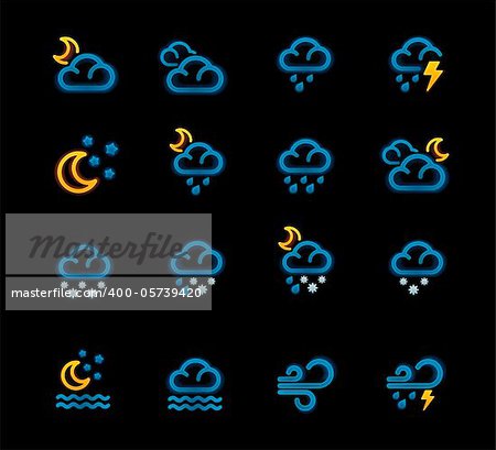 Set of the night weather forecast related pictograms with neon glow
