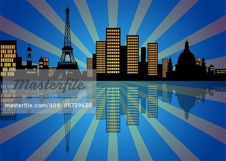 Reflection of New York Manhattan City Skyline at Night Illustration