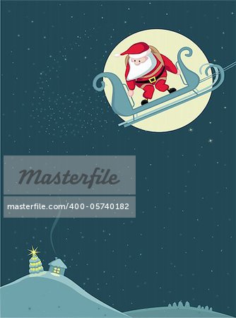 Santa in sleigh before parachute jump. Vector Separate. layers.