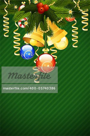 Christmas Card Template with fir-tree mistletoe decoration and bells