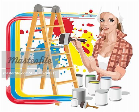 Abstract image with the girl, a paint and a step-ladder