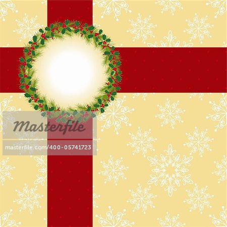 Christmas greeting card with Christmas wreath and ribbon on seamless pattern background