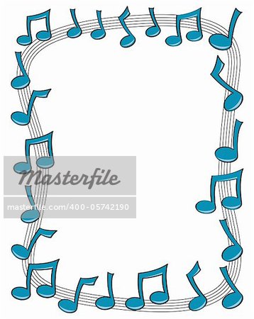A border made up of blue music notes dancing on top of a curving staff.