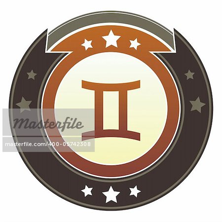 Gemini zodiac astrology icon on round red and brown imperial vector button with star accents suitable for use on website, in print and promotional materials, and for advertising.