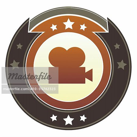 Movie or film projector icon on round red and brown imperial vector button with star accents suitable for use on website, in print and promotional materials, and for advertising.