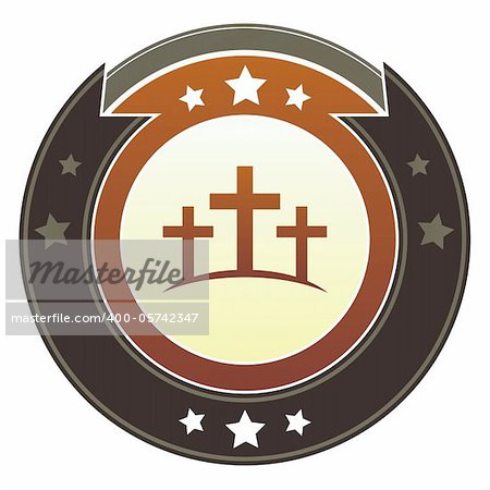 Christian cross or Calgary icon on round red and brown imperial vector button with star accents