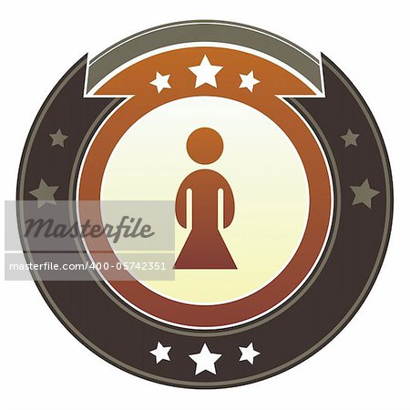 Female icon on round red and brown imperial vector button with star accents