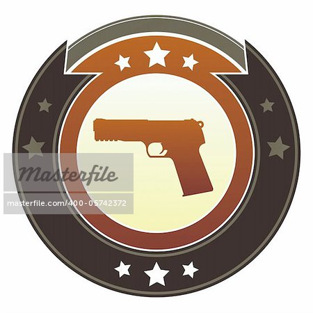 Gun, crime, or violence icon on round red and brown imperial vector button with star accents