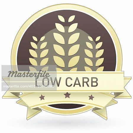Low carb food label, badge or seal with brown and tan color and wheat or grain emblem in vector style