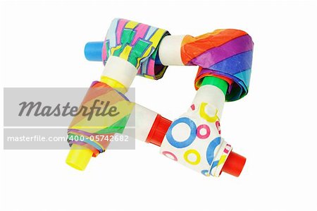 Interlocking multicolor party blowers on white background