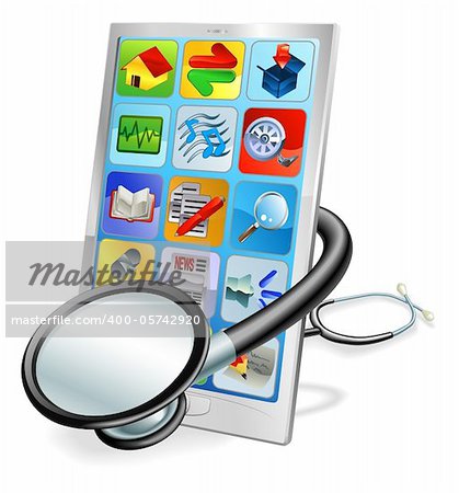 A mobile phone or tablet pc with stethoscope wrapped round it. Health check concept