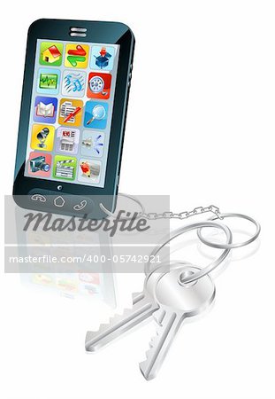 Illustration of mobile phone with keys attached. Concept for secure phone access or phone unlocking.