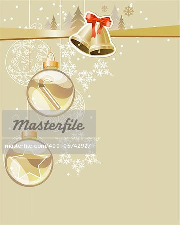 Pastel Christmas greeting card with gold bells and balls