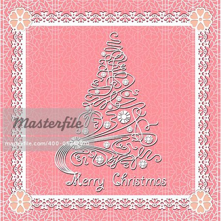 White lace christmas tree on seamless background. Vector holiday card