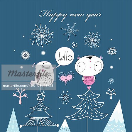 funny new year card with birds on a dark blue background with snowflakes