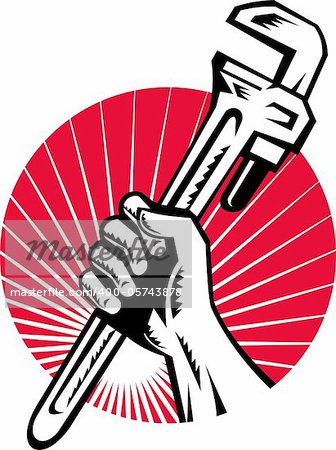 illustration of a Plumber hand holding monkey wrench side view set inside circle with sunburst done in retro style