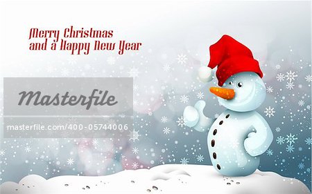 Snowman with Santa's Hat in Frozen Winter | Christmas Greeting Background | Layered EPS10 Vector Graphic