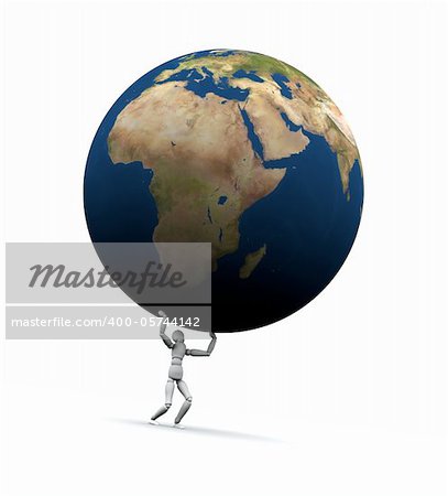 High resolution raytraced 3D render of Earth globe being lifted by a mannequin. This is the Europe version. 3D illustration isolated on white background.