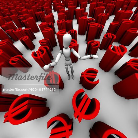 3D render of confused mannequin standing in a sea of red â?¬ euro symbols.