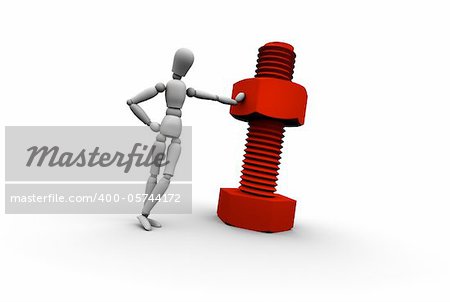 3D mannequin leaning against red nut and bolt. 3D illustration isolated on white background.