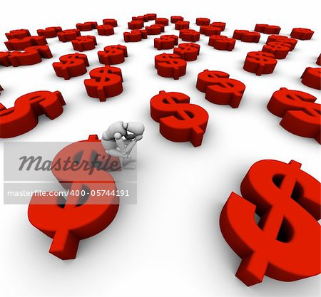 3D Mannequin Sitting on '$' Dollar Symbol in red with many more dollar symbols around.